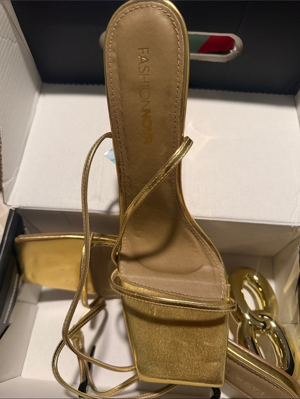 Fashion Nova Metallic Gold Strappy Square-Toe Block Heels